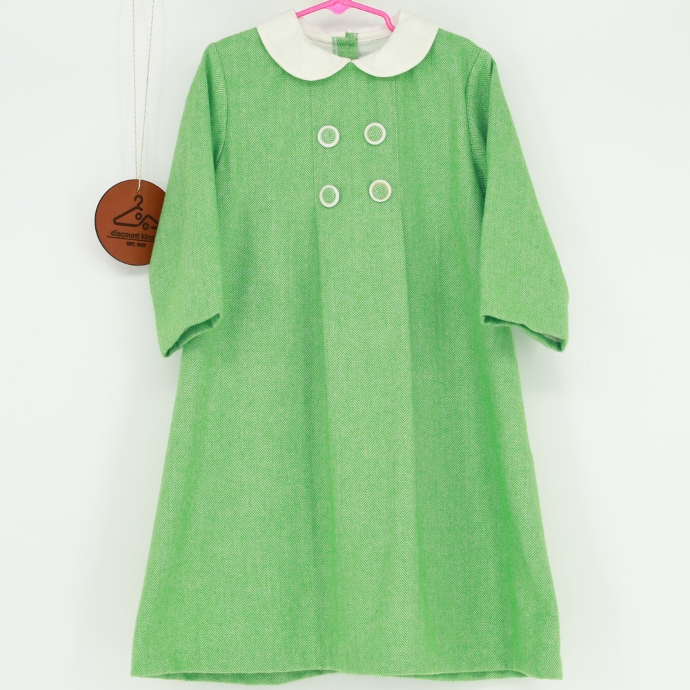 Bella Bliss Girls Green Herringbone Peter Pan Collar Dress Size 8 Wool Blend NWT